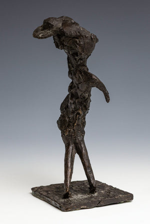 Theo van der Nahmer | bronze sculpture of a lady in a dress with a hat caught in the wind | Height 21.5 cm | Signed on the bottom | leftside | Grey background