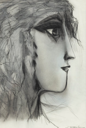 Portret van een vrouw van Theo van der Nahmer uit 1974, houtskooltekening van een vrouw kijkend naar rechts. niet ingelijst