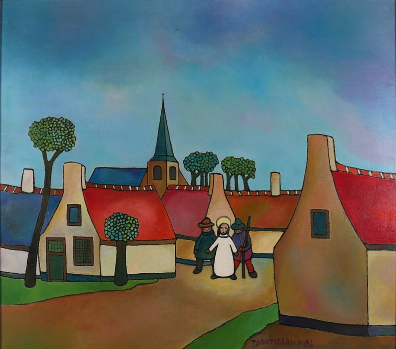 Toon Tieland | Village scene | Oil on canvas | Size 90 cm × 100 cm (without frame) | Signed and dated 1986 | Colourful naïf-expressionist depiction of a Dutch village with two figures and jesus | Front view