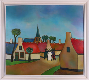 Toon Tieland | Village scene | Oil on canvas | Size 90 cm × 100 cm | Signed and dated 1986 | Colourful naïf-expressionist depiction of a Dutch village with two figures and jesus | Front view with frame