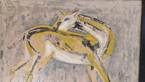 Willem Hussem | Deer | Oil on canvas (framed) | Height 73 cm × width 84 cm | Expressive painting with yellow and black tones against a light background | without frame |  close-up
