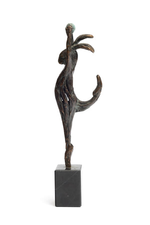 Side of bronze statue of a dancing hare with a ball in his hand